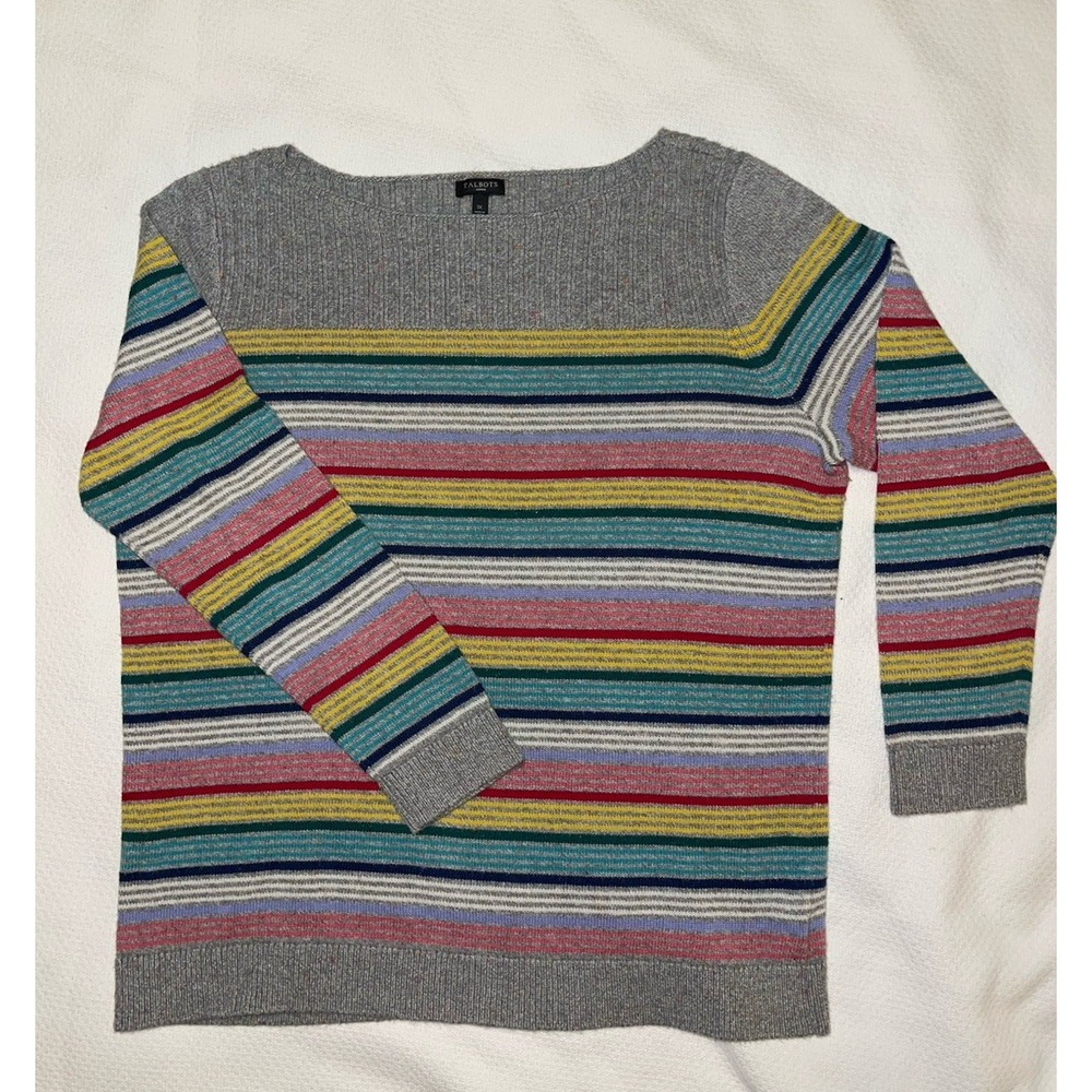 Talbots Sweater Boat Neck Stripes 1X Cashmere Cotton blend Gray Plus XXL